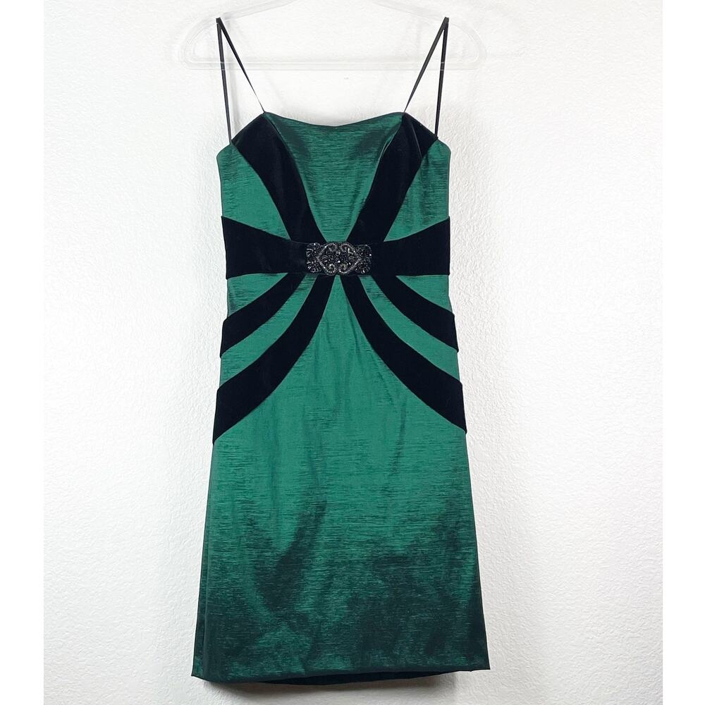 Betsy & Adam Women's Emerald Green Taffeta Black Velvet Strapless Dress 8 Dance